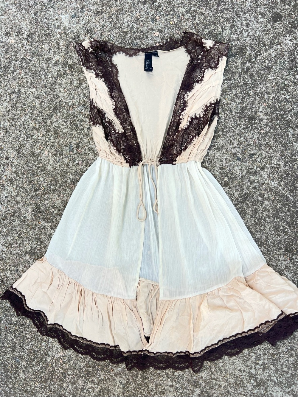Vintage Beige Lace Slip Dress Tie Front Ruffle Mini Nightgown Lingerie Size M